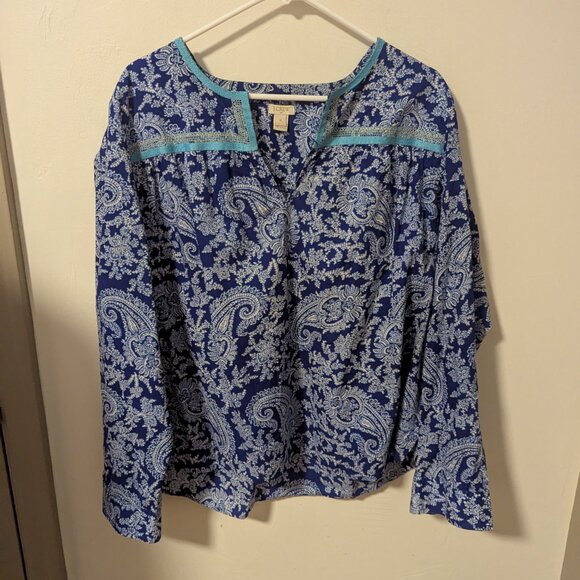 J. Crew Paisley Embroidered Top Peasant Pullover Size XL Cotton Blue White - Picture 7 of 7